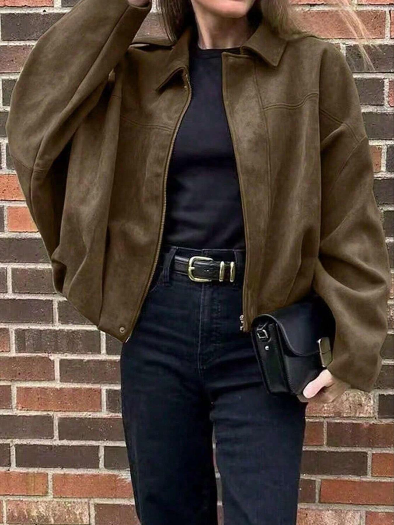 Women's Autumn Winter Suede Texture Zipper Loose Fit bomber jacket, Stylish Turn-Down Collar Design for Casual Wear Coats Outerwear Womenswear