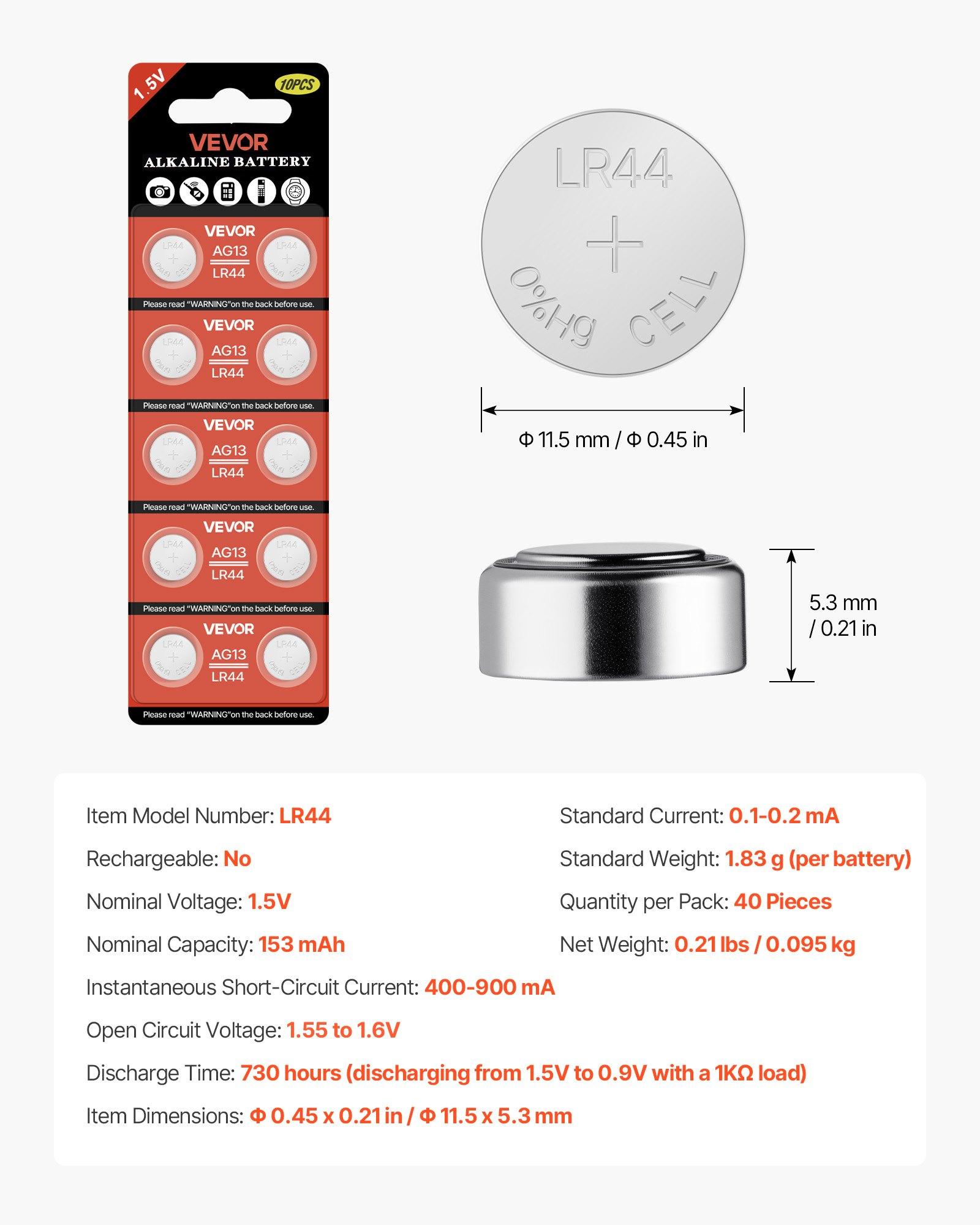 【DealsForYouDays】VEVOR Button Cell Battery, 4 Pack (40 Count) LR44 Alkaline Batteries Non-Mercury, AG13 357 303 SR44 Battery 1.5V Button Coin Cell Batteries for Remote Controls, Heart Rate Monitors, and Other Devices 【DealsForYouDays】VEVOR Button Cell Battery, 4 Pack (40 Count) LR44 Alkaline Batteries Non-Mercury, AG13 357 303 SR44 Battery 1.5V Button Coin Cell Batteries for Remote Controls, Heart Rate Monitors, and Other Devices
