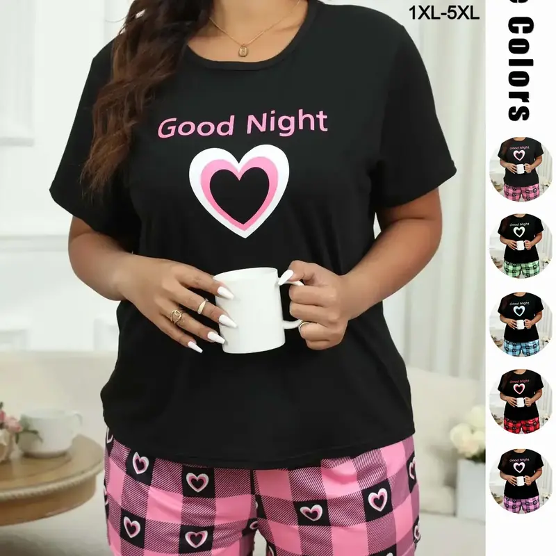 Plus Size Heart & Plaid Print Pajama Set, Casual Round Neck Short Sleeve T-shirt & Shorts Pj Set, Summer Sleepwear & Loungewear, Summer Outfits 2024, Women's Nightwear, Homewear