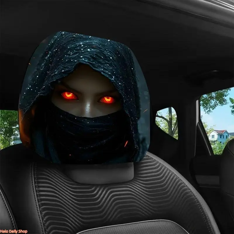 2pcs Modern Hooded Eye Mask Look Car Headrest Covers - 2D Flat, Seat Protection, Easy Install, Universal Fit, Fun Interior Decor for Long/Outdoor Travel, DIY Bag Accessory