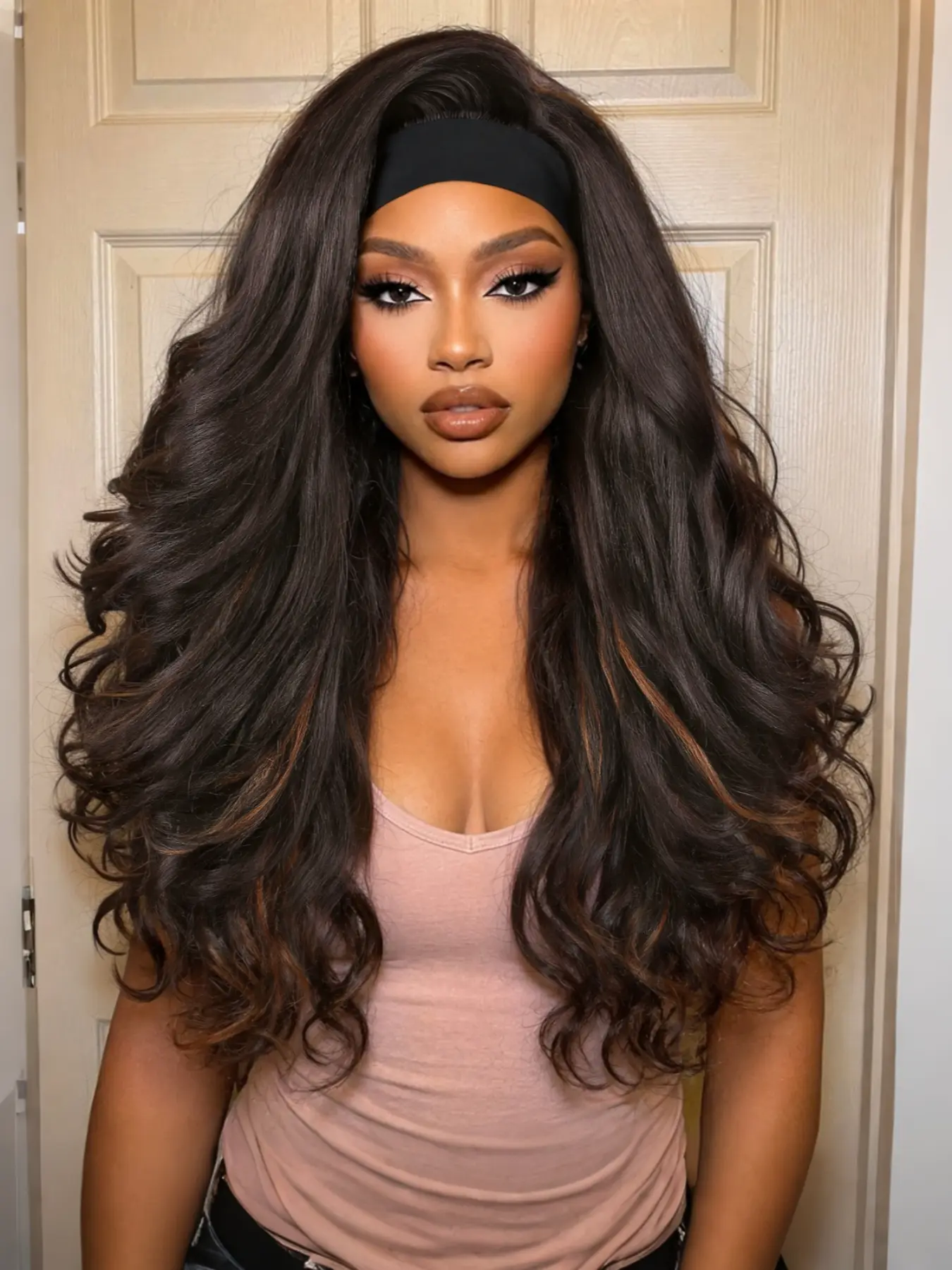 Yaki Body Wave Headband Wig for Women, Synthetic Fiber Wigs Curly Wavy 26 Inch Long Kinky Straight, Glueless Lightweight, Heat Resistant, Daily Use