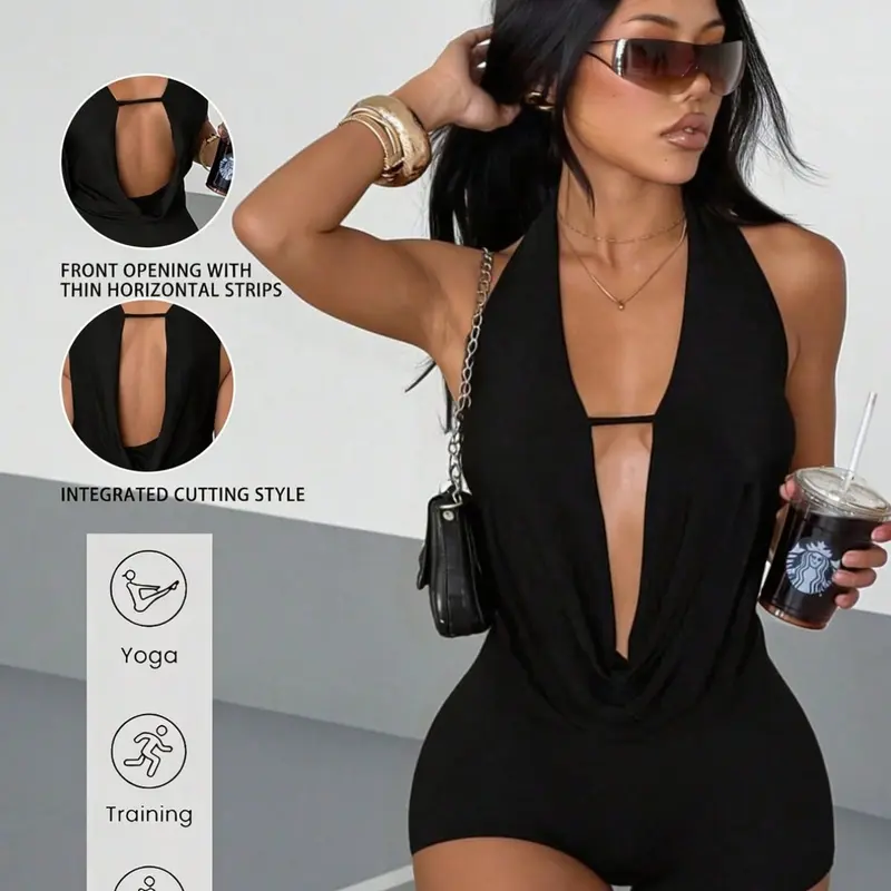 Women's Halter Deep V Jumpsuit, Sexy Backless, Comfortable, Slimming, Elegant, Outdoor, Beach, Casual, Y2K Style, Well Fit, Solid Jumpsuits