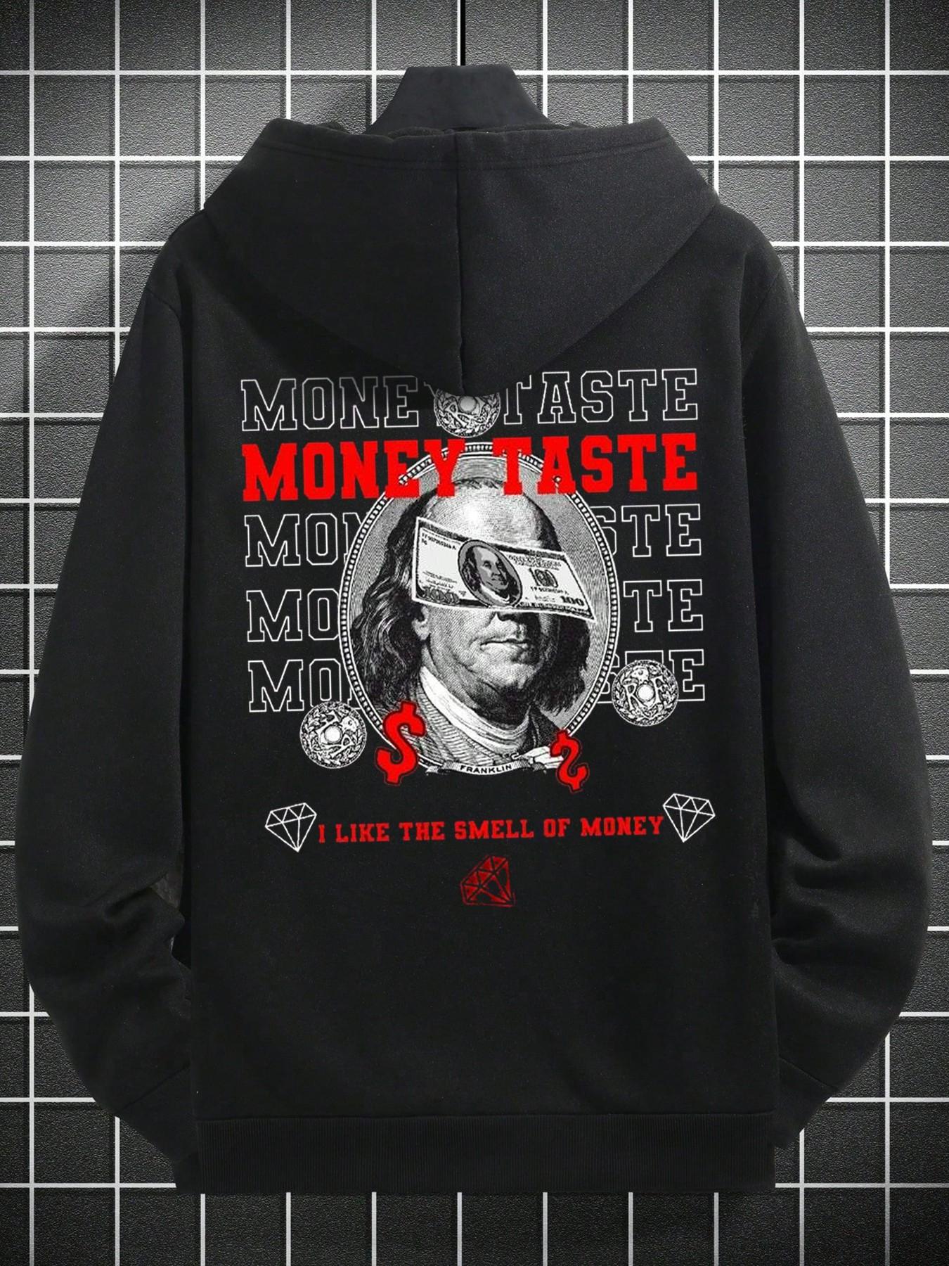 1 Men's Black Hoodie with Money Print, Franklin with Dollar Bill
