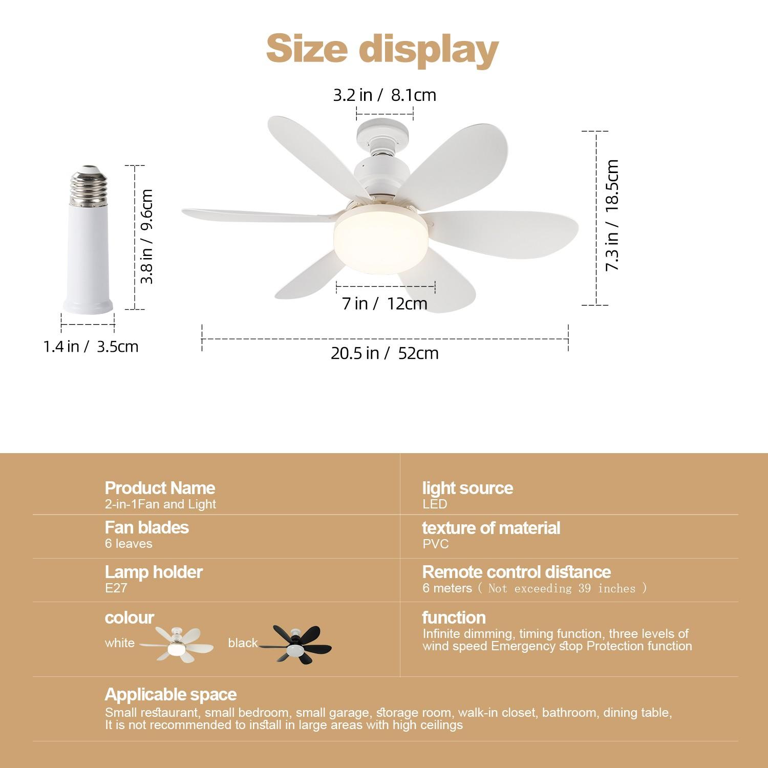 20.5-Inch E27 Ceiling Fan Light with Remote, Silent Strong Wind, Adjustable Brightness, Three Speeds, LED Energy Saving for Home