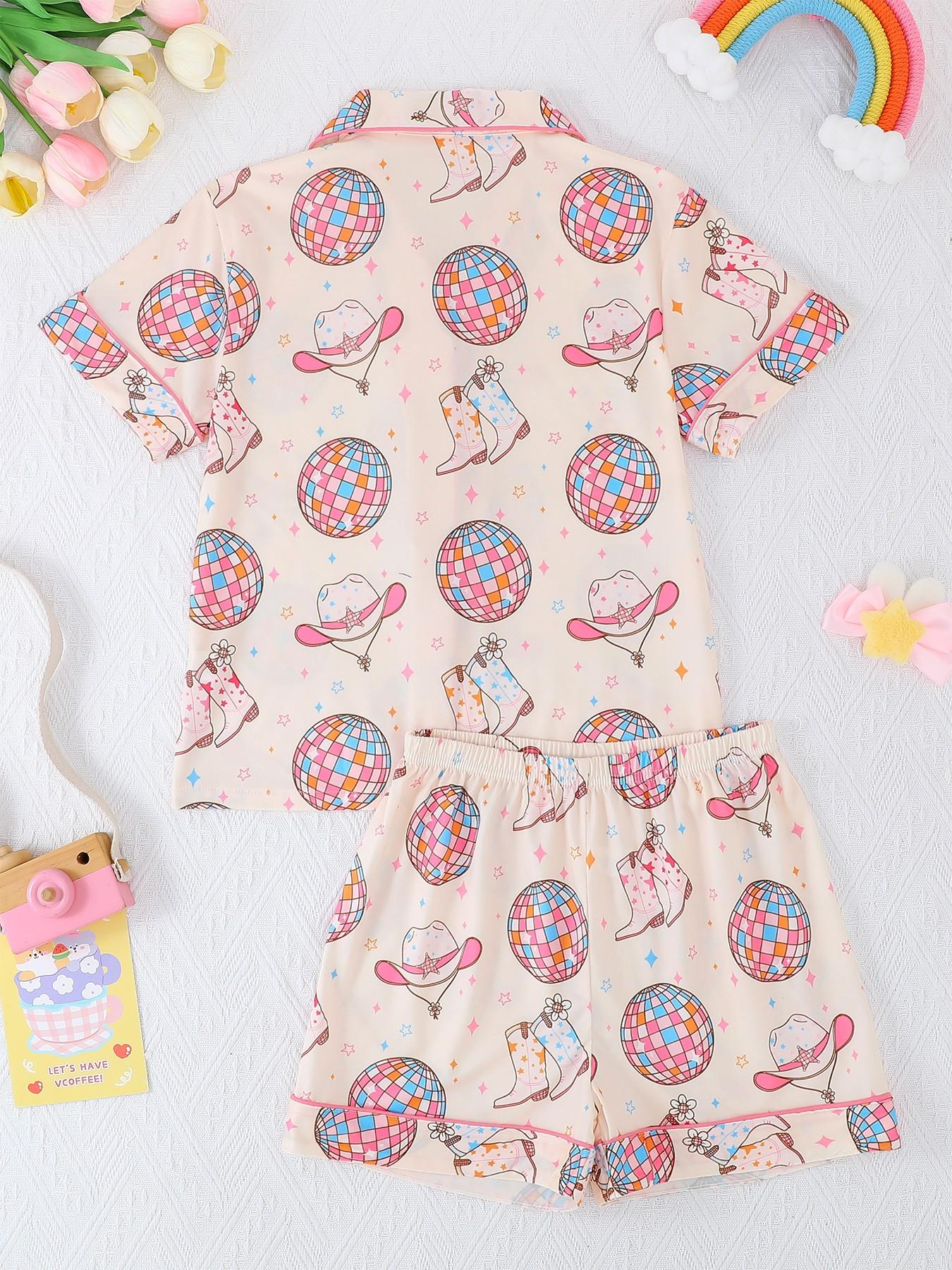 2-Piece Kids' Fire-Resistant Pajama Set, Short Sleeve Button Front, Cartoon Pattern, Loose-Fit, All Seasons, Boys & Girls