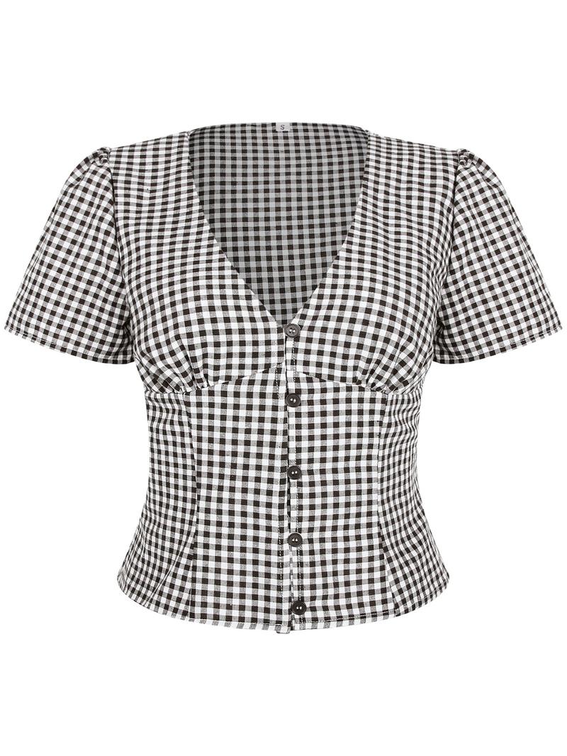 Women's Plaid Print V Neck Short Sleeve Blouse, Casual Curved Hem Top for Summer, Fashion Women's Top for Daily Wear, Casual Classy Top