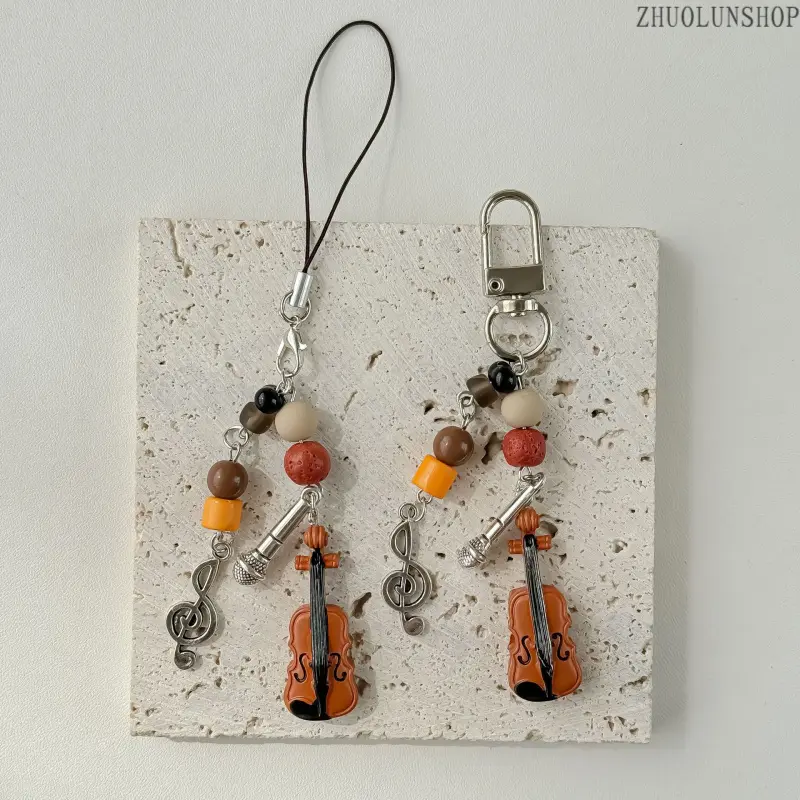 Vintage Violin Music Note Beaded Keychain Phone Charm 2Pcs for Music Lovers