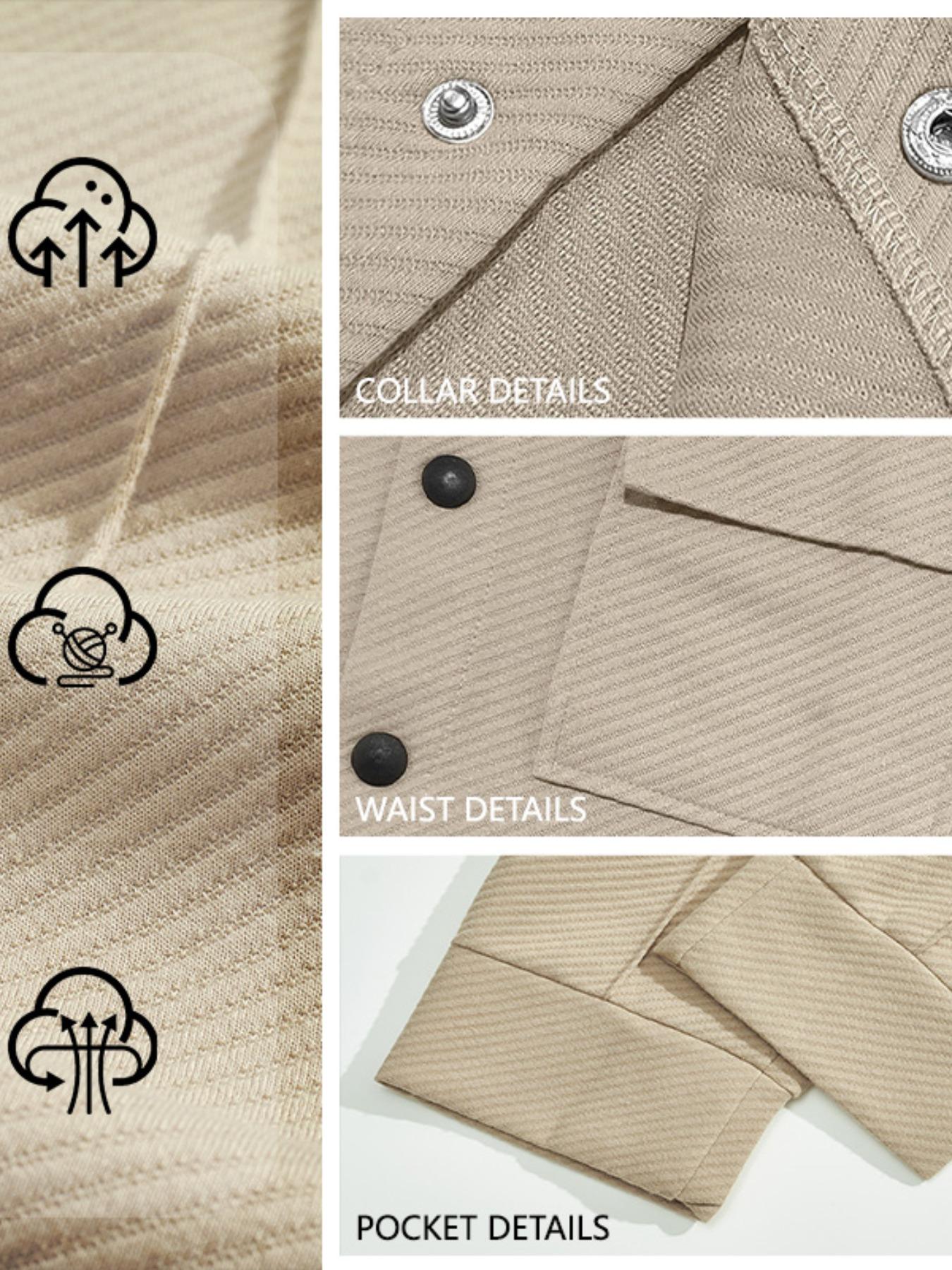 Men's two-piece casual suit outfit with a stand-up collar, long sleeves with a subtle texture, and long pants. The top has a single- button front with a pocket, suitable for daily outings, casual commuting, and light business casual occasions. Men's suit.