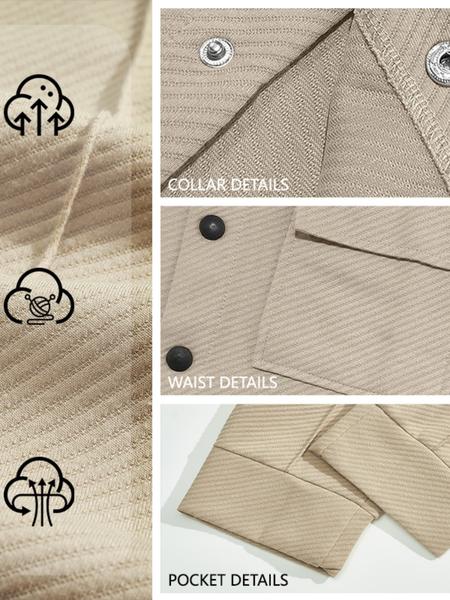 Men's two-piece casual suit with a stand-up collar, long sleeves with a subtle texture, and long pants. The top has a single- button front with a pocket, suitable for daily outings, casual commuting, and light business casual occasions. Men's suit.