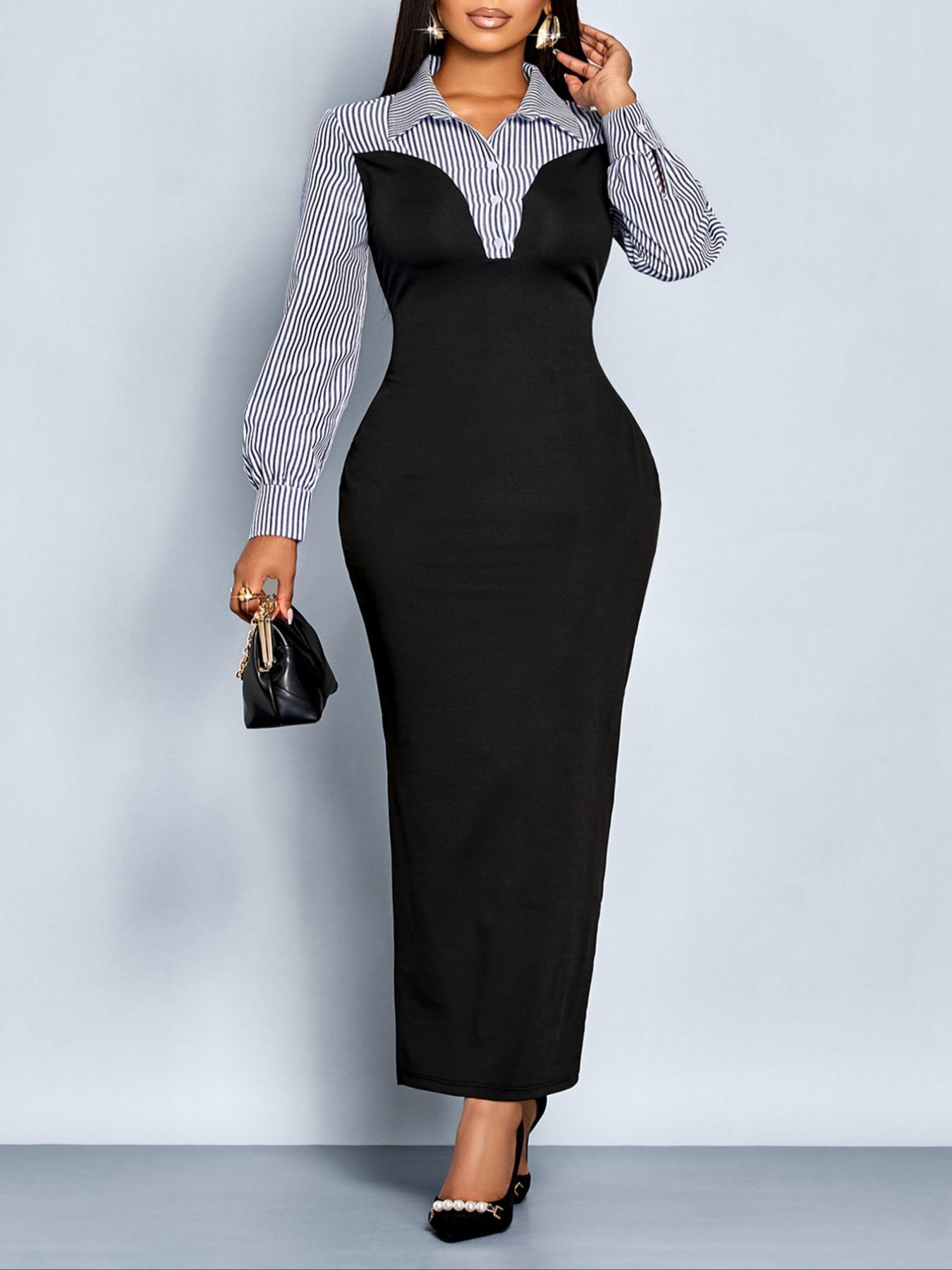 Women's Elegant Striped Patchwork Maxi Dress, Fall Winter Long Sleeve High-Waisted Fitted A-Line Skirt, Casual Daily Wear