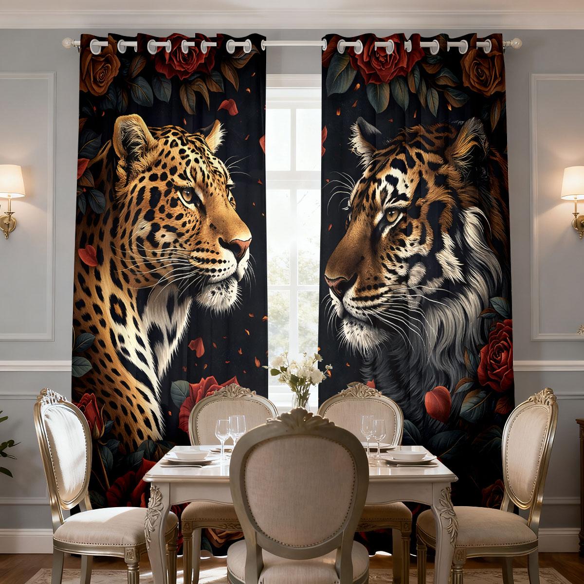 2-piece pack of wild retro style red rose golden leopard tiger print filter translucent curtains suitable for machine washable decorative curtains in living room, bedroom, kitchen, etc.