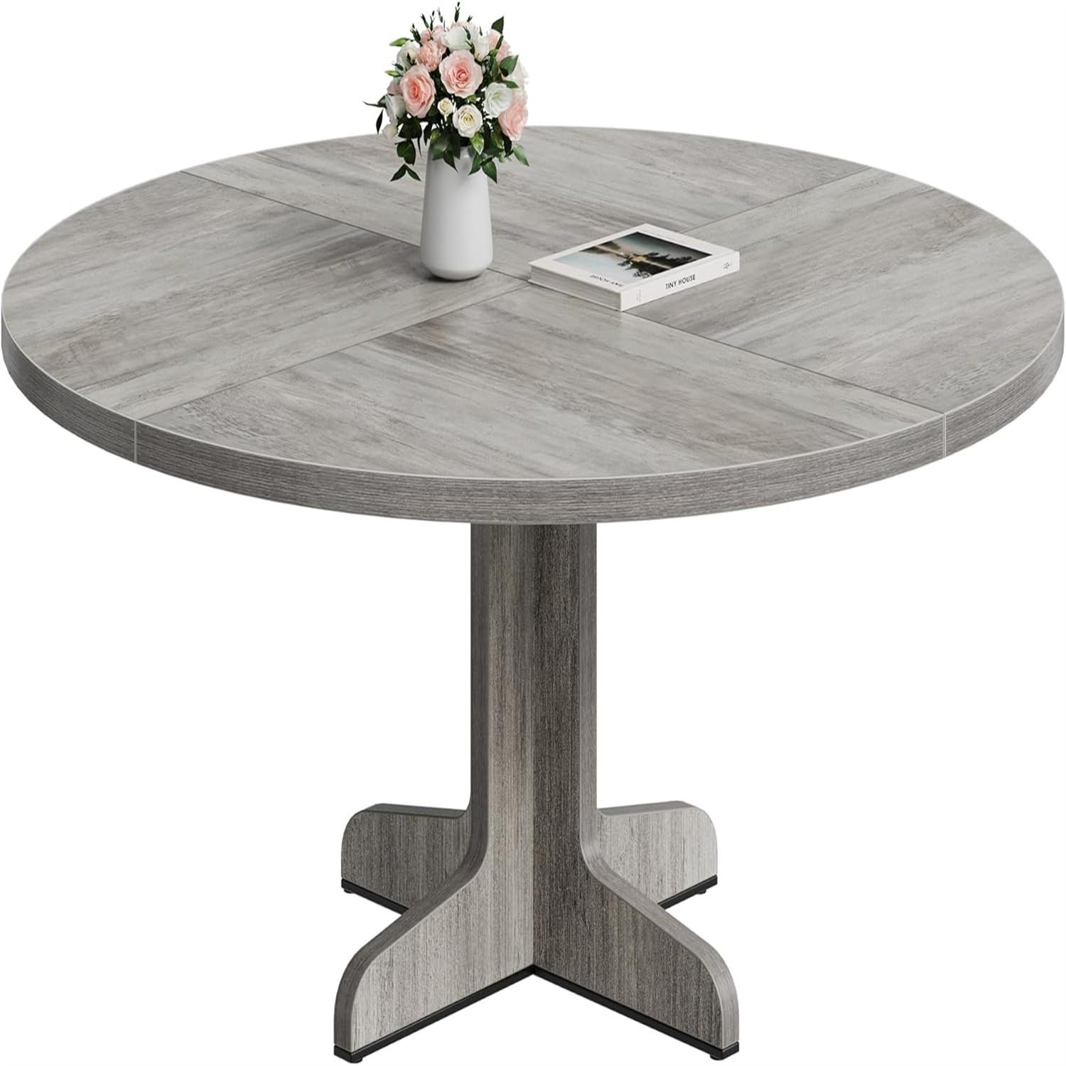 47" Round Dining Table for Small Spaces - Solid Oak Base, Space Saving Kitchen Table for Apartments & Breakfast Nooks (Table Only)