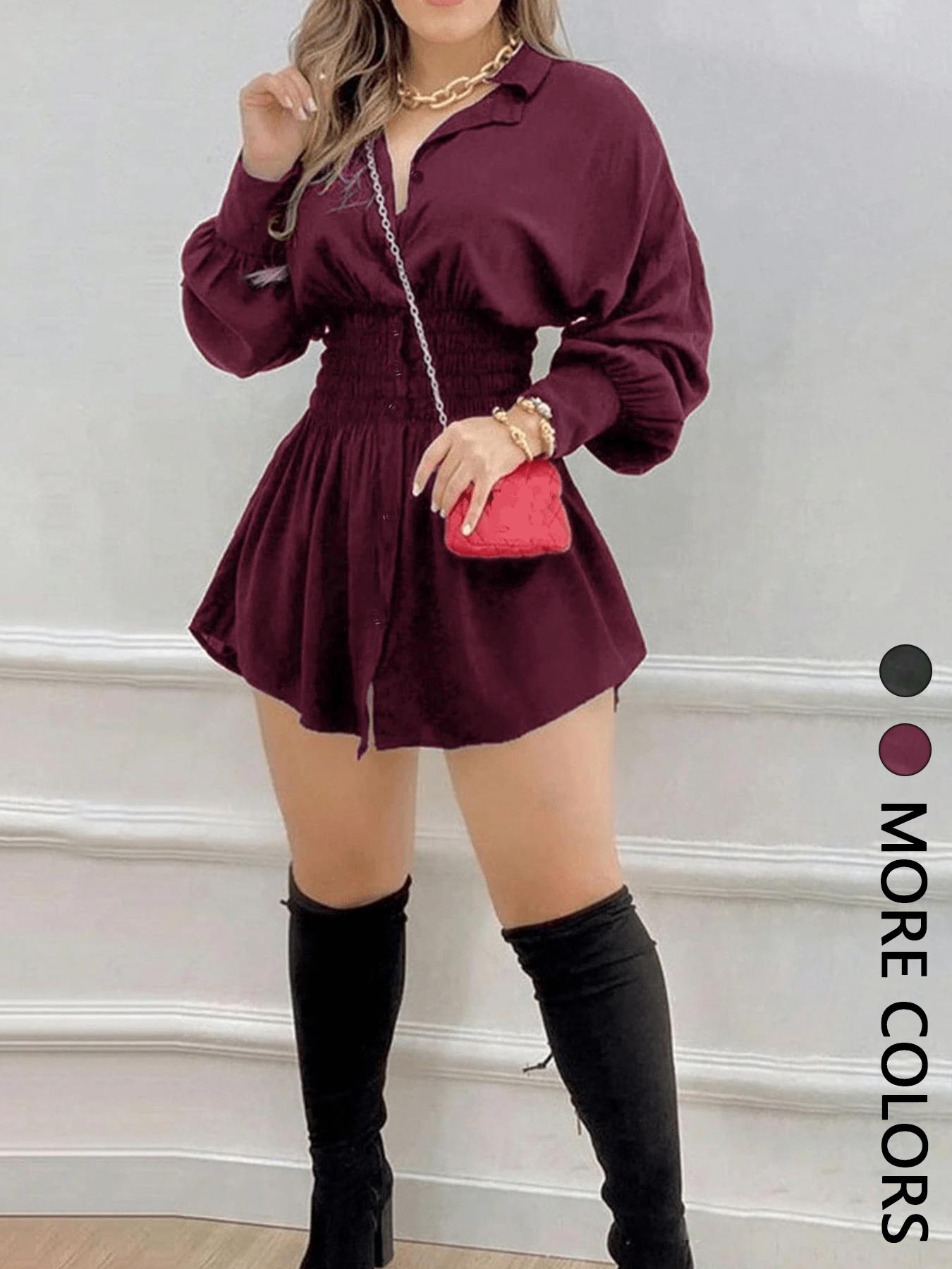 Women's Fashion Trendy Solid Color Ruched Waist Long Sleeve Dress, Casual Fitted Style, All Seasons Wear, Plain Pattern