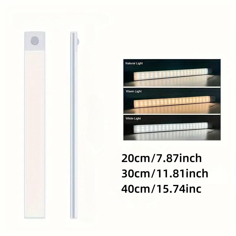 LED Motion Sensor Cabinet Light, USB Rechargeable, Anti-Glare Aluminum Alloy, Adjustable Three-Color Warm Closet Lamp, Wireless Magnetic Strip Nightlight