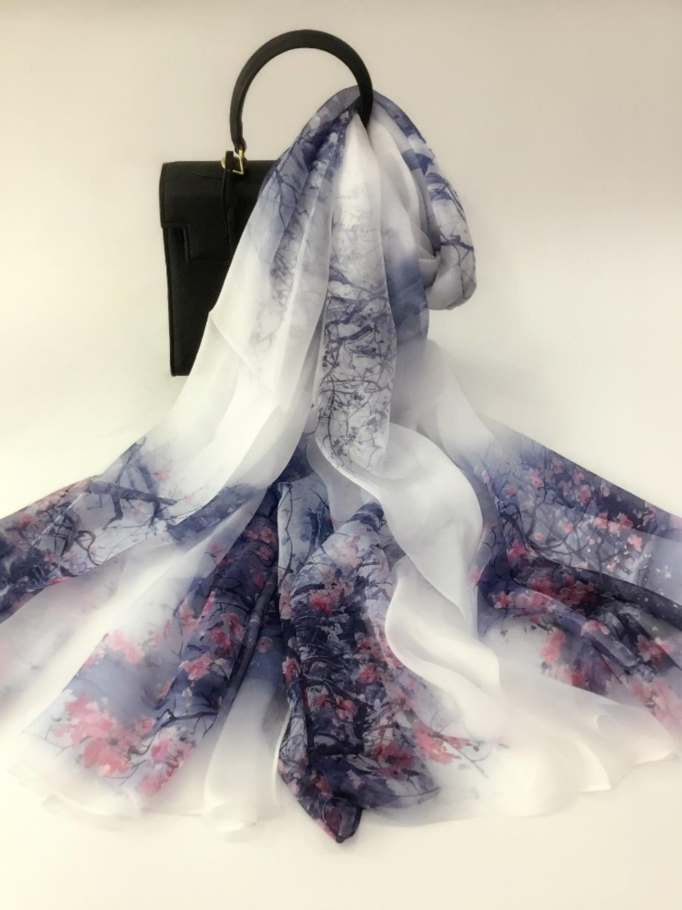 175cm*110cm Printed Silk Shawl for Women, High-End Silk Scarf, Lotus Pattern, 100% Mulberry Silk, Soft and Breathable, Ideal Gift