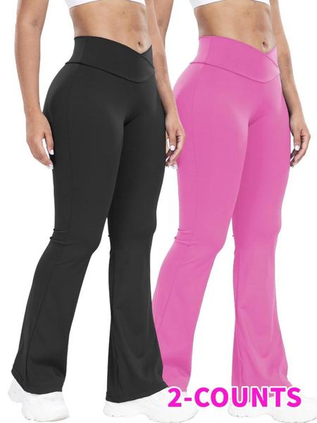 Women's Solid High Waist Flare Leg Sports Leggings, Breathable Comfortable Overlap Waist Yoga Leggings, Ladies Sportswear for Indoor Outdoor Wear, Skinny Yoga Bottoms