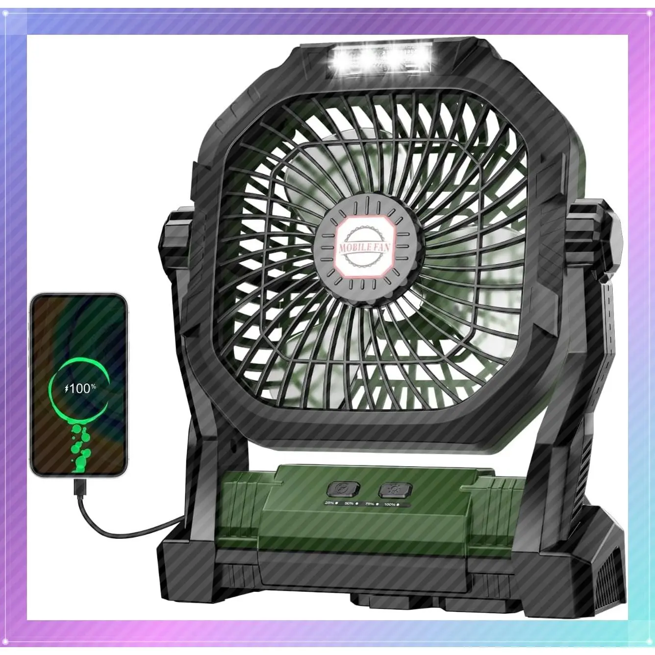 20000mAh Rechargeable Camping Fan with LED Light, 4-Speed 180° Adjustable Portable Battery Powered Fan for Tent Travel Car Outdoor BBQ Fishing Jobsite - GreenGift