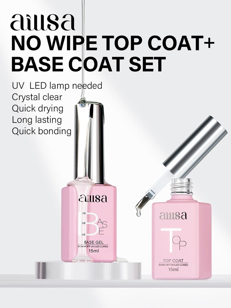AILLSA 2pcs 15ml Long Lasting Base Gel & Top Coat Set for Nail Polish, Glossy Shine Finish, No Wipe Top Coat, DIY Nail Art Tool, Manicure Cosmetic Cutics