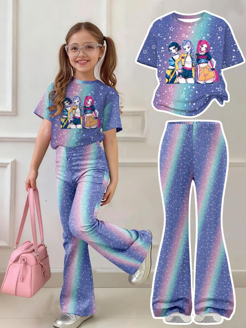 K-Pop Demon Hunters Girl Set, Y2K Sweet Cool Kpop Style, Short Sleeve T-Shirt & Derpy Huntrix Cartoon Pants