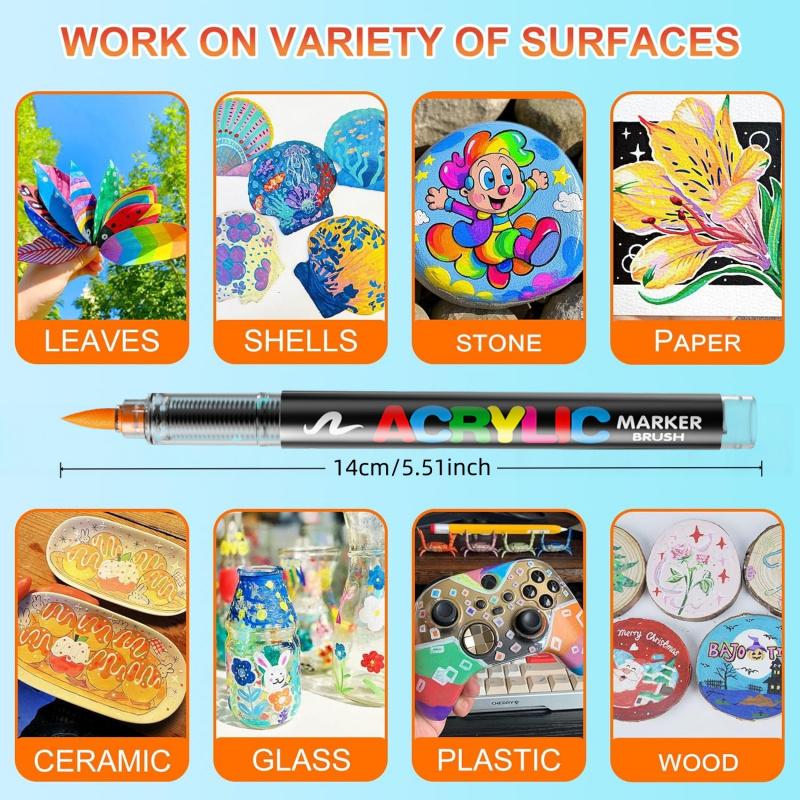 Acrylic Paint Markers Set, Acrylic Art Kit, Soft Brush Tip Acrylic Paint Pens for Wood Rock Glass Canvas Stone Fabric Glass Metal Ceramic Canvas DIY Crafts Art Supplies,Back to School,Halloween,Christmas Gift