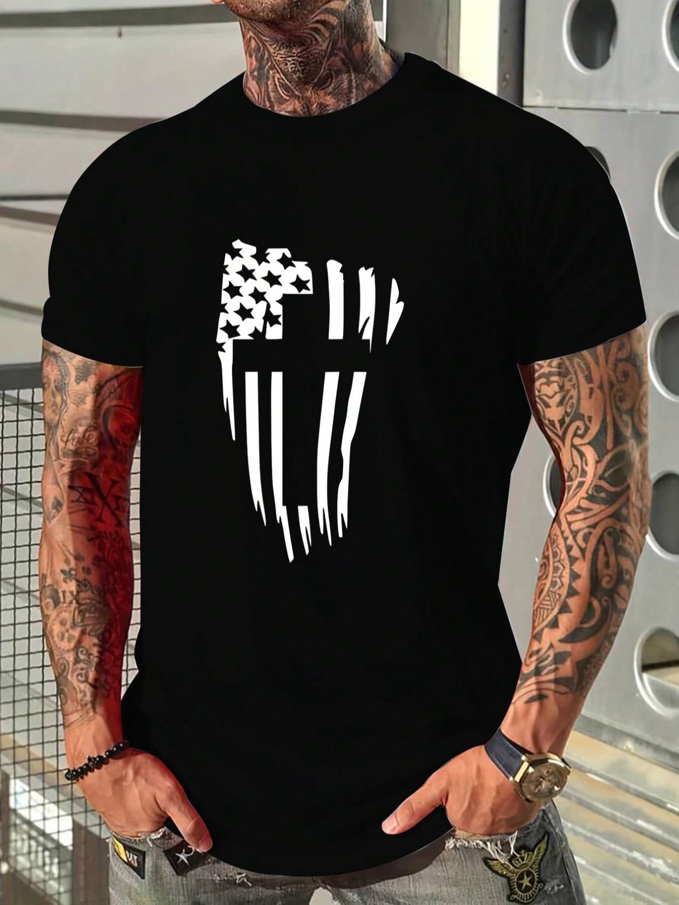 Men's Flag & Cross Print Round Neck Tee, Regular Fit Casual Short Sleeve T-Shirt for Summer, Men's Top for Daily Wear