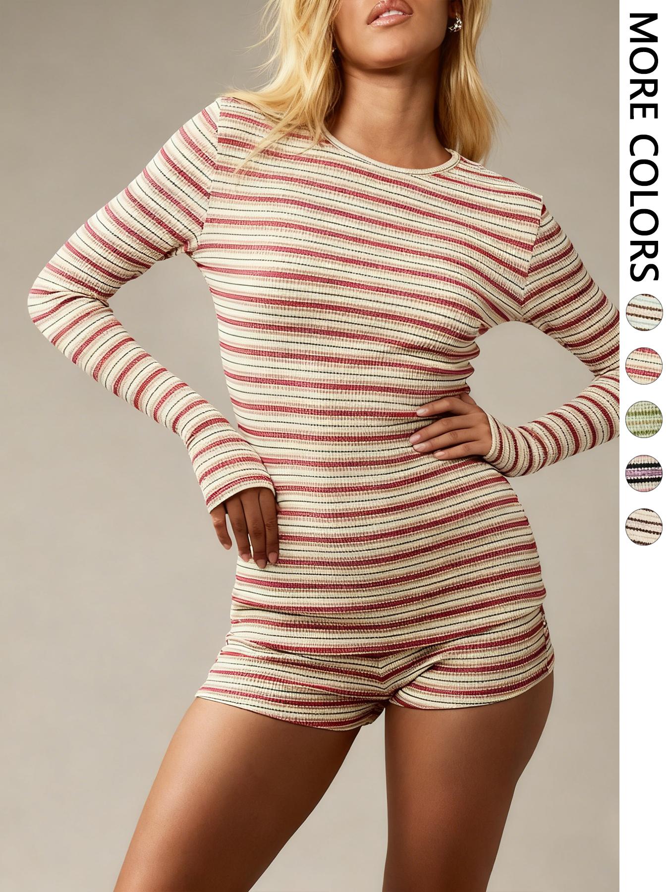 Women's Striped Knit Casual Long Sleeve Top & High Waist Elastic Sporty Shorts Set, Spring Fashion, Comfortable Fit, Sporty Style Clothes