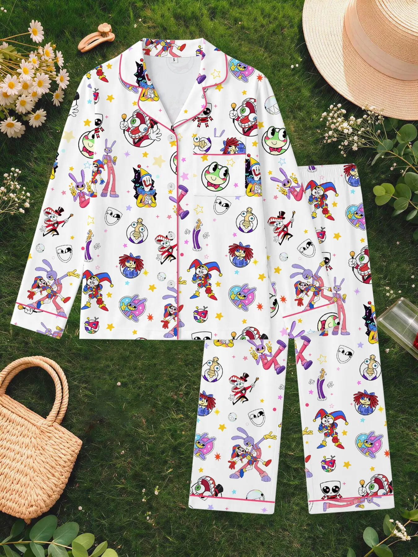 Women's Long Sleeve Pajama Set, Soft Comfortable Fabric, Clown Frog Rabbit Print, Loose Fit, Floor Length, Spring Fall Home Wear