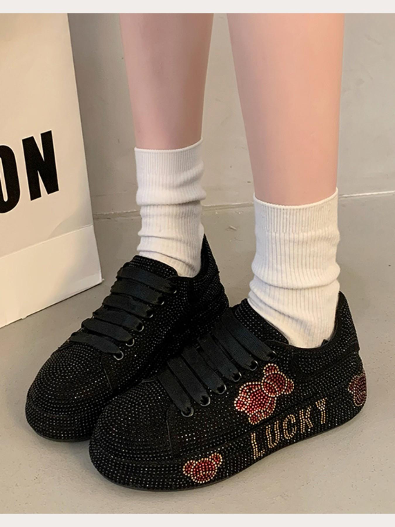 Full Diamond Thick Sole Sport Casual Shoes, Unique Design Handmade Embellished Luxury Thong Dad Sneakers, Party Banquet Multi-Scene Cool Women's Shoes