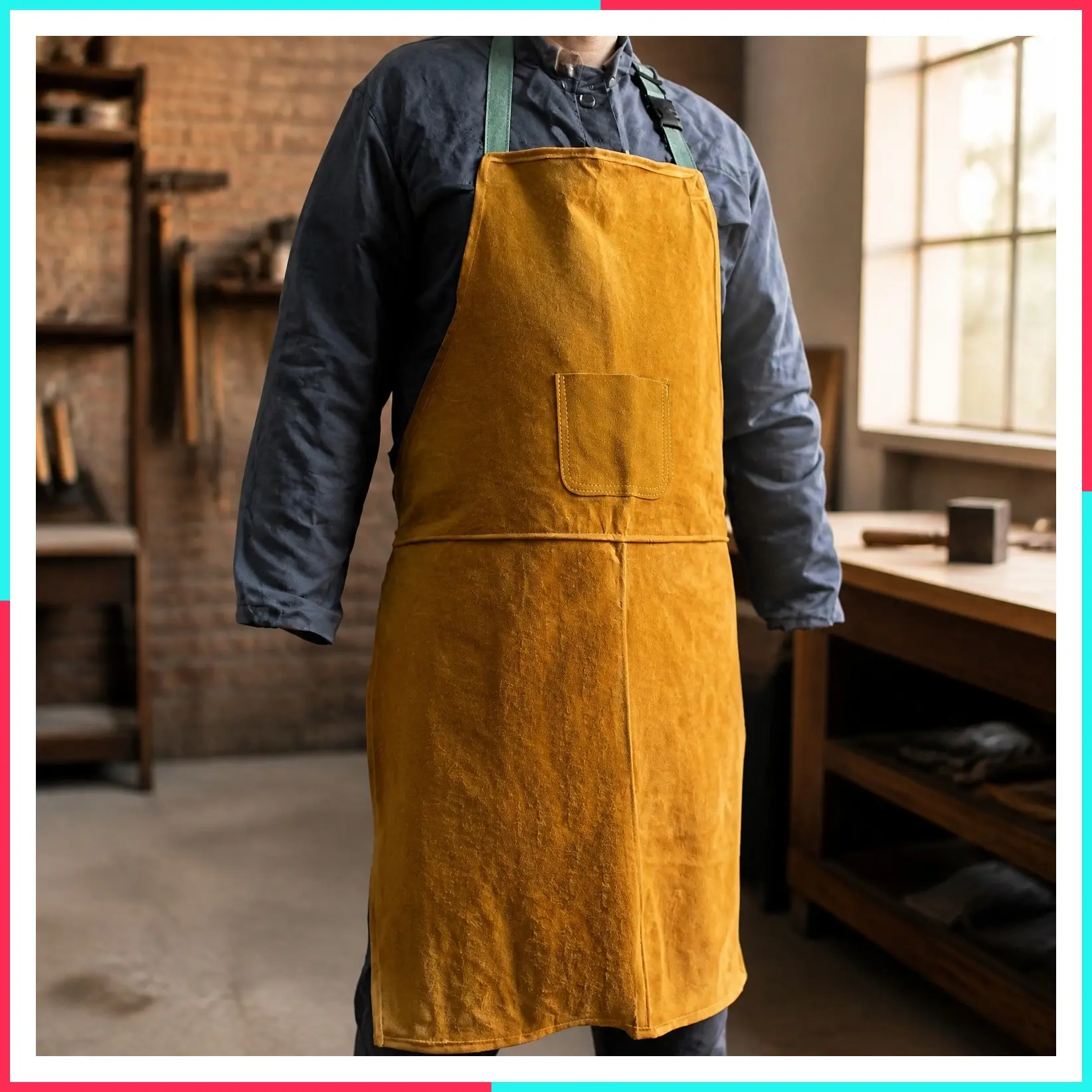 Leather Workshop Apron with Buckle Straps, Heat & Flame Resistant Heavy Duty Welding Apron