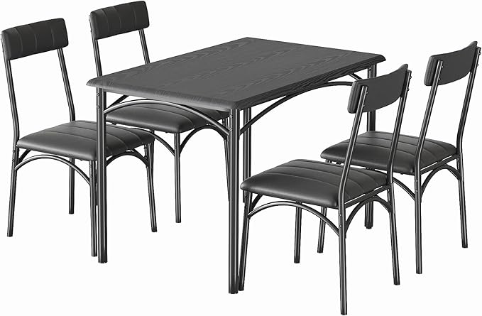 Kitchen Table Set with Chairs, Dining Table Set for 4, Metal and Wood Rectangular Dining Room Table Set with 4 Upholstered Chairs, 5 Piece Dining Set for Small Space, Apartment