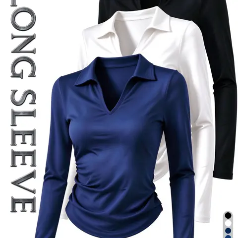 3-Pack Women's Fitted V-Neck Long Sleeve Polo Shirts, Stretchy Waistband, Soft Breathable Fabric, Ideal for Tennis, Running, Hiking, Workout Tops