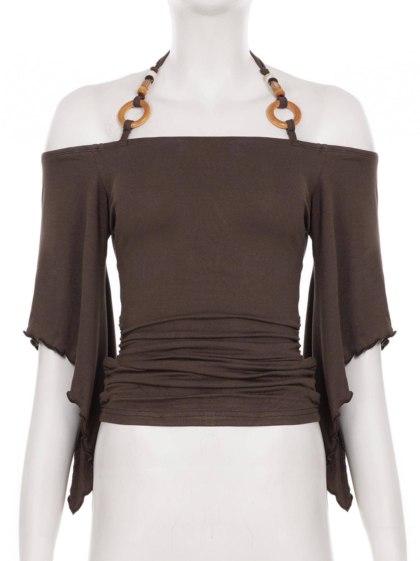 Women's Y2K Style Halter Top with Ring Decoration, Flowy Bell Sleeve, Casual Elegant Classy Retro Slim-Fitting T-Shirt for Dates and Parties