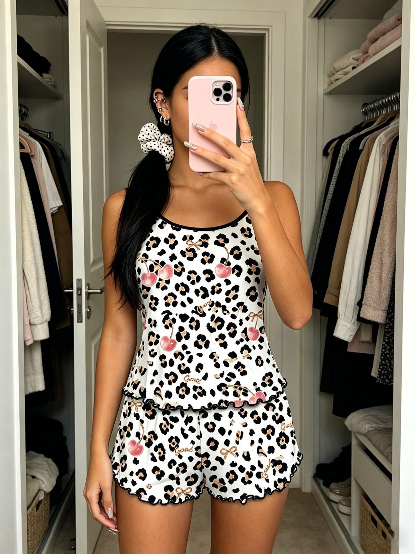 Cherry Print Halter Short Pajamas Set, Trim Ruffle Design, Sweet Cool Girl Style, Breathable Home Sleepwear, 3-Piece Combo Cherry Print Halter Short Pajamas Set, Trim Ruffle Design, Sweet Cool Girl Style, Breathable Home Sleepwear, 3-Piece Combo