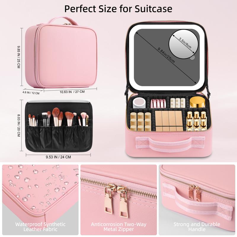 Portable Travel Makeup Bag with LED Mirror, 3 Color Light Settings, Rechargeable Cosmetic Organizer Case for Women, Portable Vanity Box for Beauty Essentials Zip