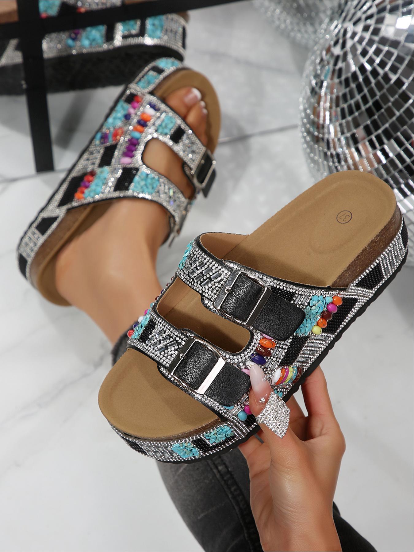 Bohemian Ethnic Style Strappy Metal Buckle Height-Increasing Holiday Beach Shoes, Dopamine Colors Y2K Hot Girl Must-Have Full Rhinestone Thick Sole Slides Women's 2026 New Summer Fashion Thick Sole Sandals