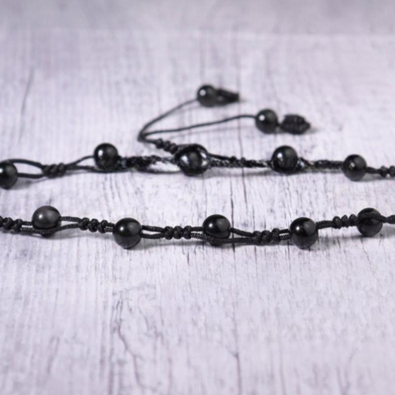[Minimalist Obsidian Anklet] Black Obsidian Anklet - Minimalist Beaded Natural Stone Woven Ankle Bracelet