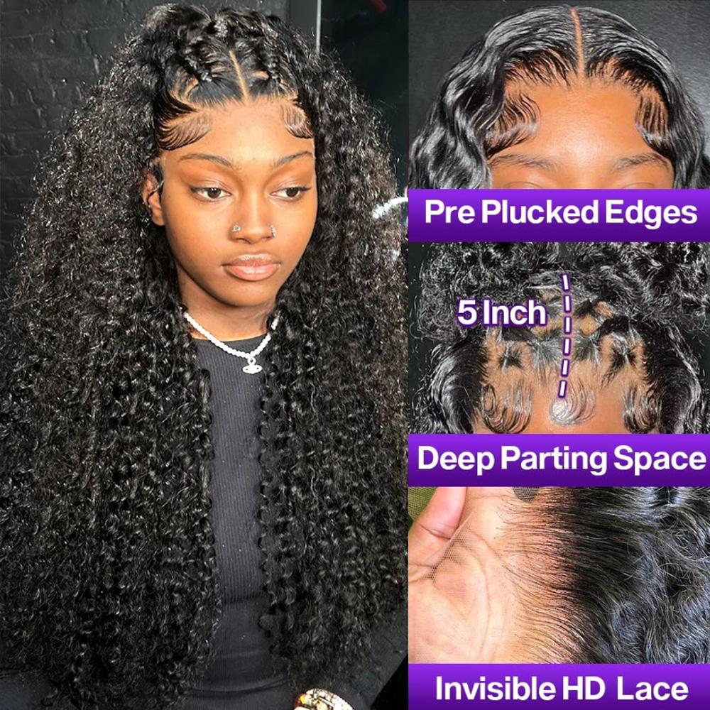 Bling Hair 32inch Kinky Curly Lace Front Wigs Human Hair Pre Plucked 180% Density 13x4 13x6 HD Transparent Lace Frontal Curly Wigs Human Hair Deep Curly Human Hair Wigs For Women Natural Black