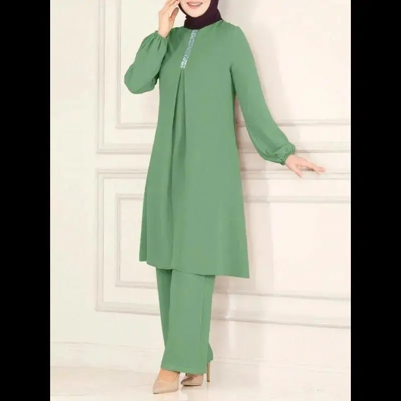 Women's Solid Long Sleeve Top & Wide Leg Pants Two-Piece Set, Modest Elegant Two-piece Outfits for Daily Wear, Ladies Islamic Clothing for All Seasons