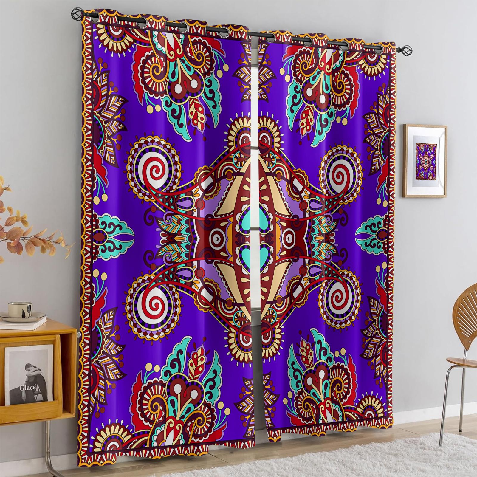 2 Panels Set Boho Paisley Digital Print Window Drapes, Vintage Ethnic Style Darkening Grommet Curtains, Thermal Insulated Privacy Blackout Drapes, Decorative Window Treatment for Living Room, Bedroom, Dorm, Home Office