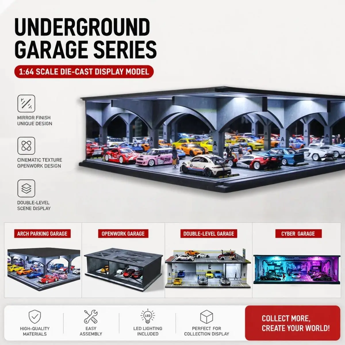 Diorama 1:64 Diecast Car Garage Model LED Lighting Underground Parking Lot Scene Display Case Multiple Parking Spaces Showroom Model Showcase for Model Car Hobby Collection Gift