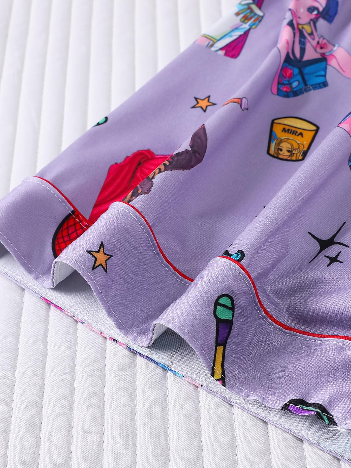 2-piece children's set featuring full-body K-pop cartoon girl prints, short sleeves, shorts with soft and comfortable top, small pockets, lapel design, elastic waistband, suitable for year-round home wear, casual leisure children's pajama set