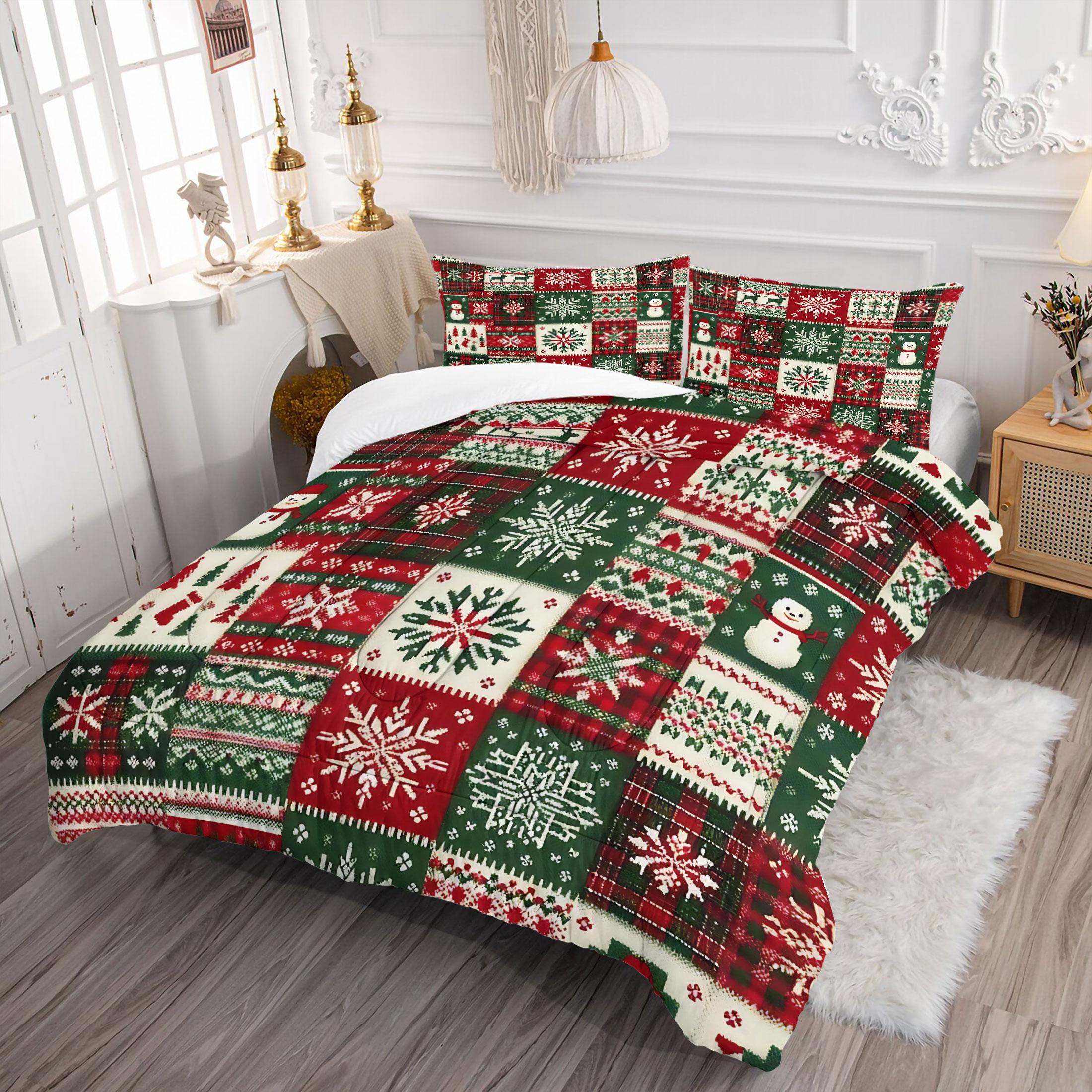 Christmas Patchwork Comforter Set, Festive Quilted Bedding Set with Snowmen, Reindeer, and Snowflakes, Cozy Holiday Decor for a Joyful Bedroom, Perfect for Winter and Holiday Celebrations, with 1 or 2 Pillowcase No Pillow Core, Bed Sheet Sets