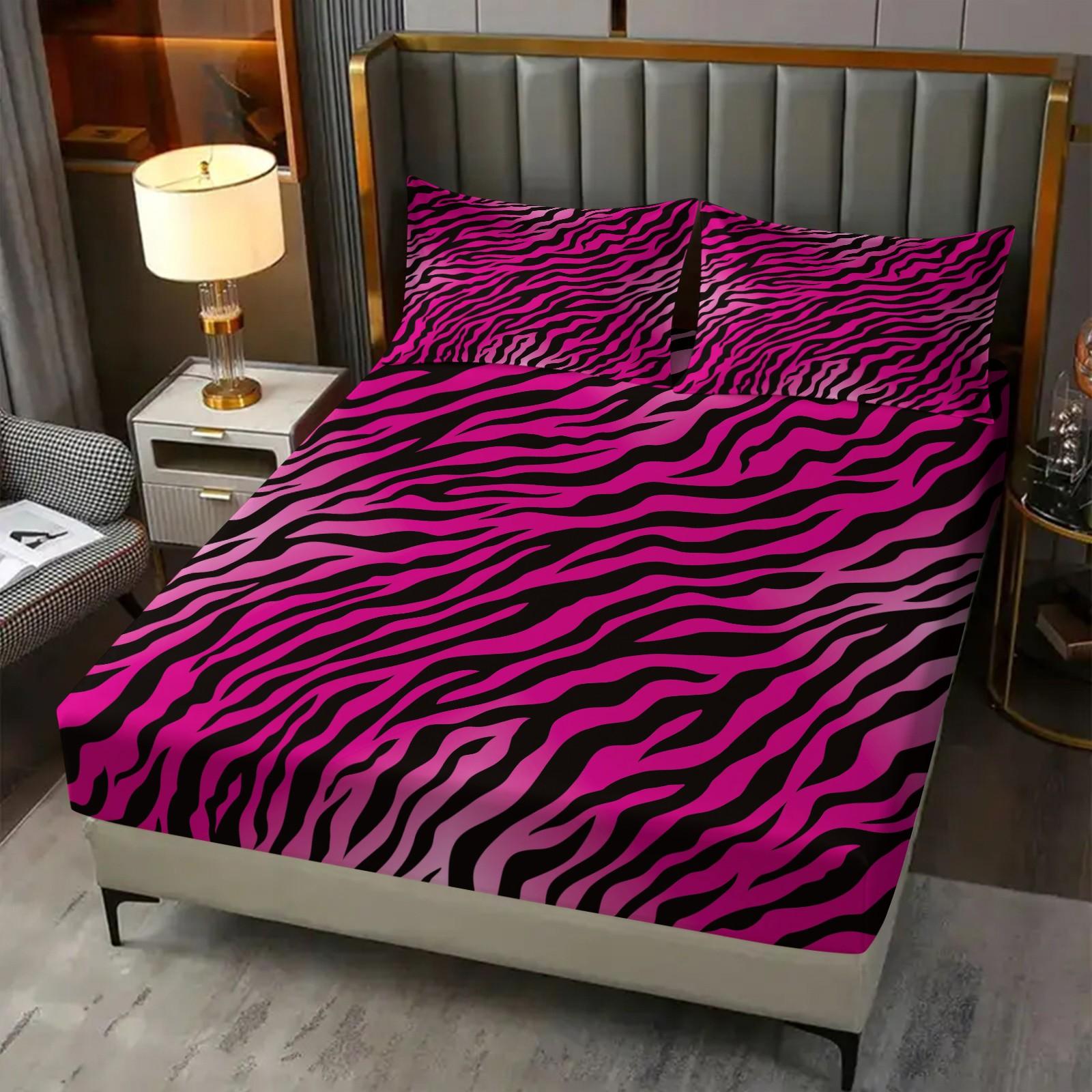 Black & Pink Zebra Print Fitted Sheet Set, 1 Bed Fitted +2 Pillowcases No Core, Hot Pink Base with Black Zebra Print, Y2K Millennial Style Bedding Non-Slip, Soft Breathable Fabric, Girls Bedroom Decor