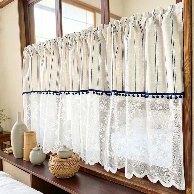 1pc Korean Style Blue Striped Half Curtain, Short Door Curtain, Retro Partition Curtain, Coffee Curtain, No Drilling, Kitchen Curtain