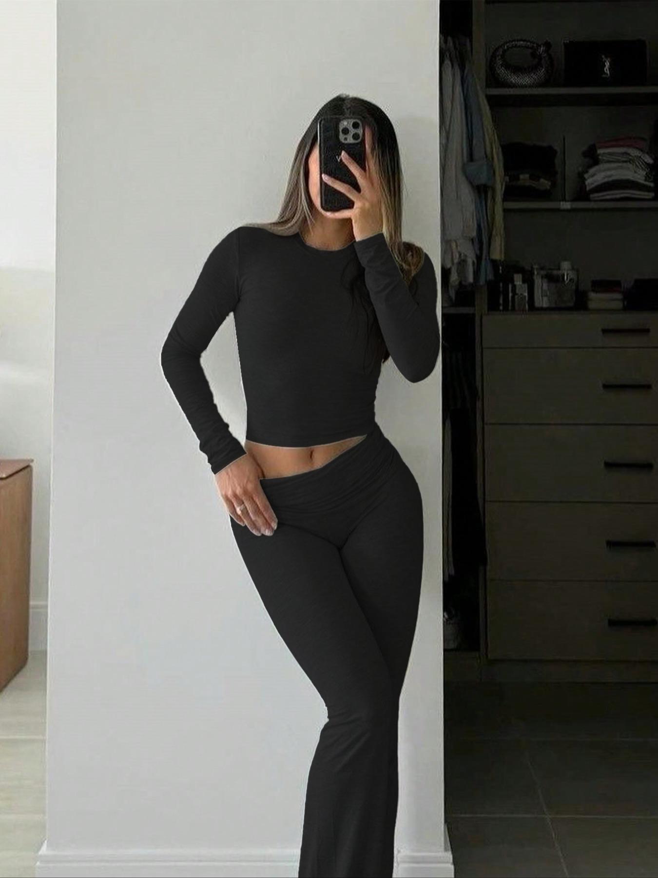 Women's 2 Piece Casual Pajama Set, Slim Fit Long Sleeve Top & Low Rise Bell Bottoms, Versatile Yoga Loungewear for All Seasons,Airport Outfit