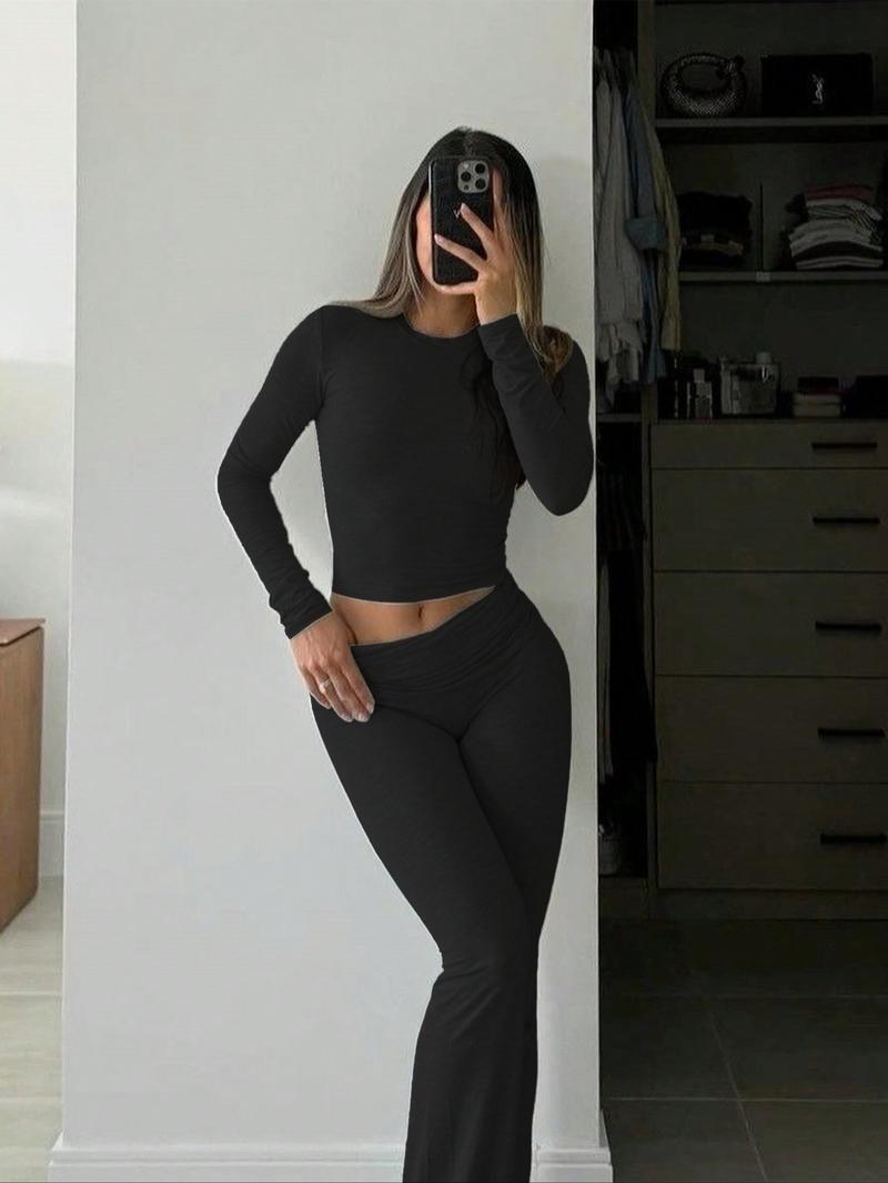 Women's 2 Piece Casual Pajama Set, Slim Fit Long Sleeve Top & Low Rise Bell Bottoms, Versatile Yoga Loungewear for All Seasons,Airport Outfit