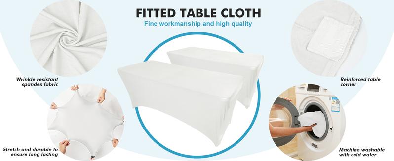 6FT Tablecloth [6 Pack, White] 200 GSM Stretch, Fitted, Washable and Wrinkle Resistant Table Cloth Rectangle Cover for Trade Shows, Wedding, Parties [72Lx30Wx30H Inch]