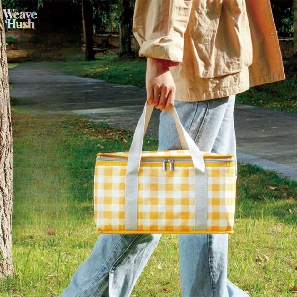 Striped Grid Polyester Cooler Bag, Large Capacity Portable Insulated Lunch Tote, Foldable with Matching Mat for Camping & Picnics, Cooler Bags, Synthetic, Insulated Bag