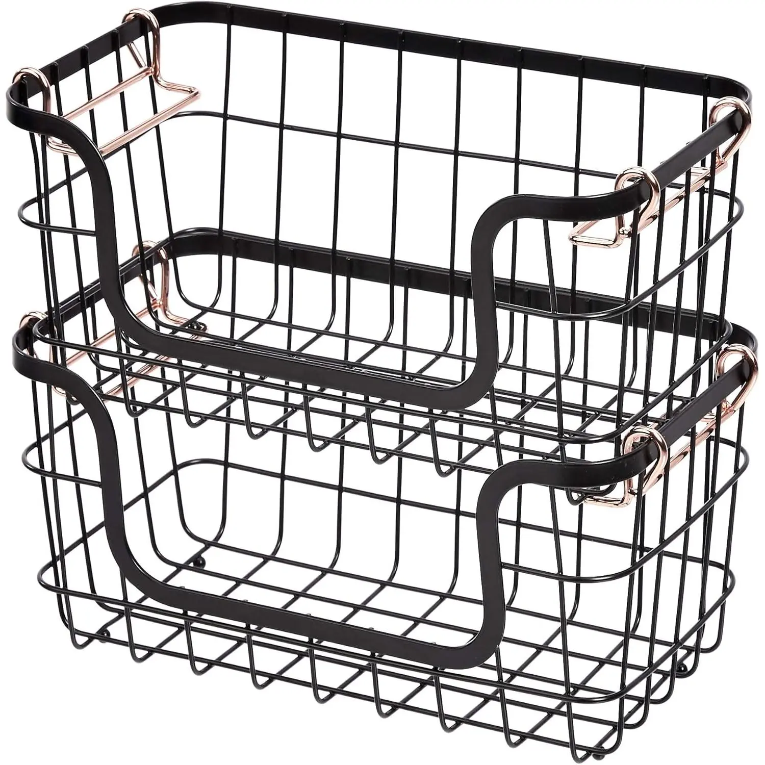 2‑Pack Stackable Black Metal Wire Baskets, Rectangular Storage Organizer for Kitchen, Bathroom & Pantry