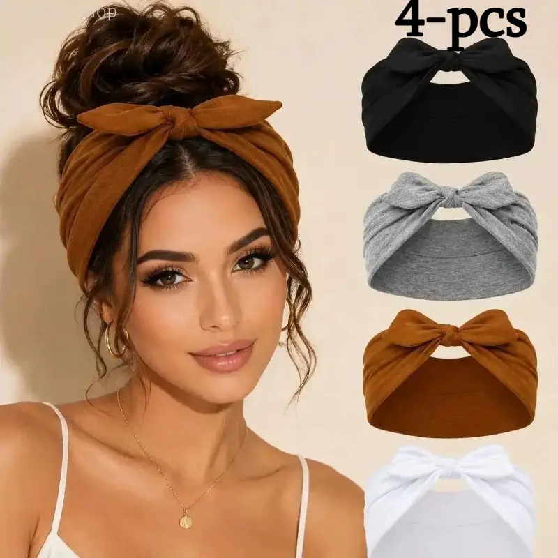 4-pcs Women Knit Headband | Trending Casual Hair Accessories | Solid Color Knotted Bunny Ear Hair Wrap | Soft Breathable Sweat Wicking Stretchy Head Scarf | Comfortable Non Slip Fashion Hair Decor For Workout Running Yoga Daily Street Wear